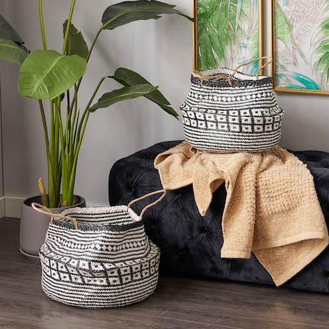 Black/White Seagrass Boho Eclectic Plant Storage Basket (Set of 2) - S/2 16", 14"H