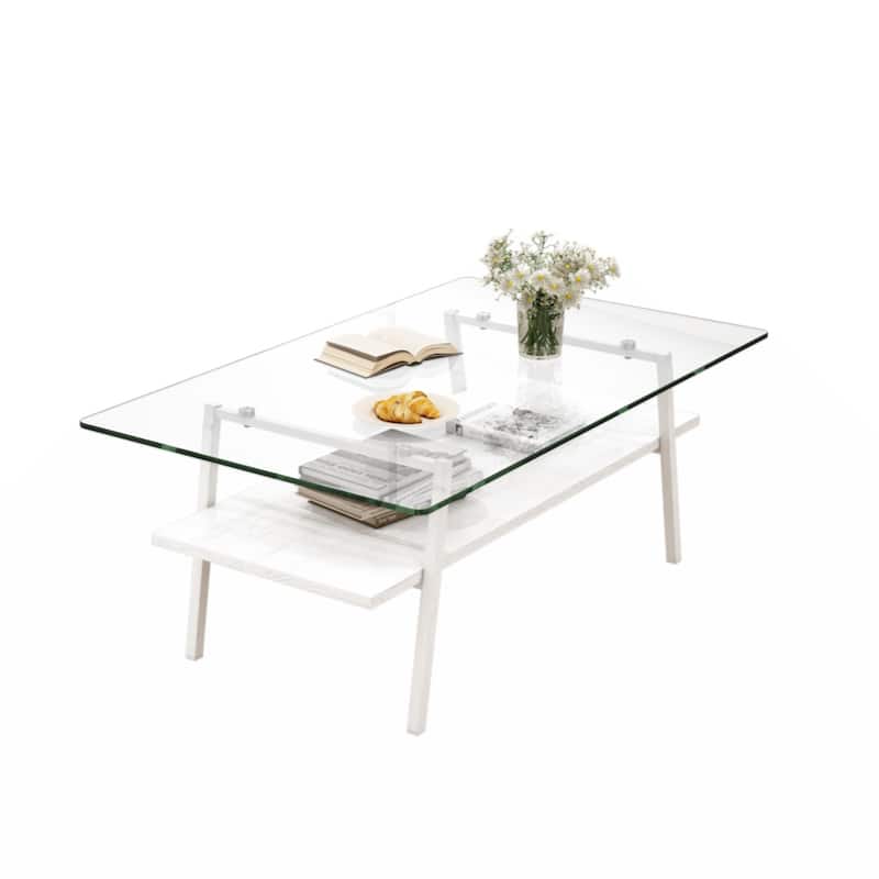 Rectangle Coffee Table, Tempered Glass Tabletop with Black Metal Legs, Modern Table for Living Room