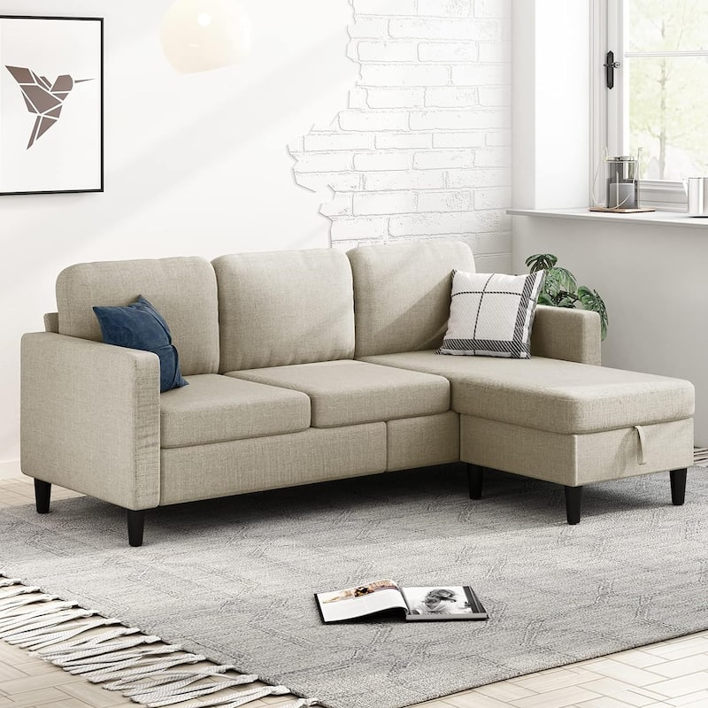 Mixoy Convertible Sectional Sofa with Storage Ottoman, Reversible Chaise - BEIGE - Reversible