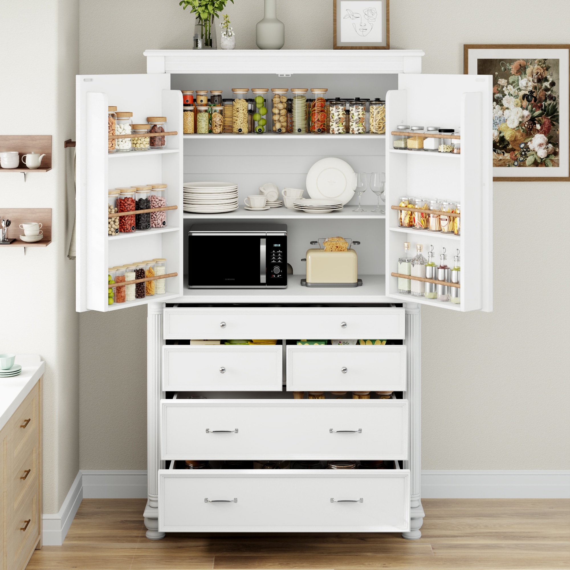 Large Kitchen Pantry,FreestandingTall Storage Cabinet Cupboard with 6 Door Shelves, 2 Adjustable Shelves and 5 Drawers