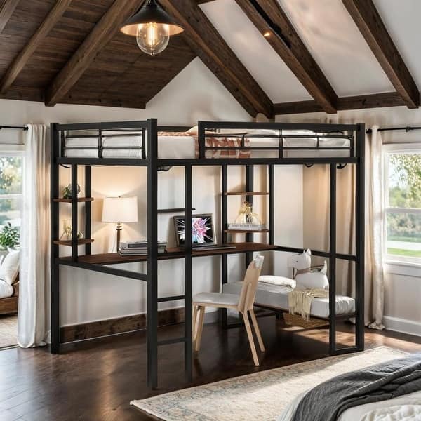 slide 2 of 14, Contemporary Design Full Size Loft Metal & MDF Bed with Long Desk and Shelves, Sturdy Construction & Safety Guaranteed, Black Black