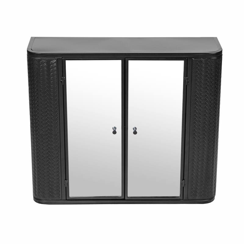 Black Wall-Mounted Bathroom Cabinet with Mirror, 2 Mirrored Doors & Open Shelf, Farmhouse Metal Frame Storage Cabinet