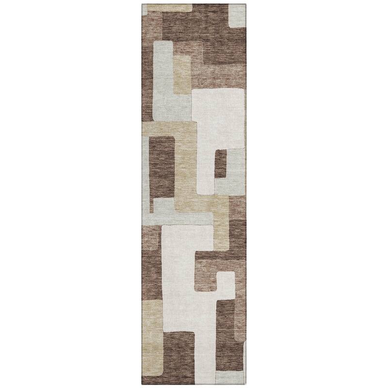 Machine Washable Indoor/ Outdoor Contempoary Blocks Chantille Rug