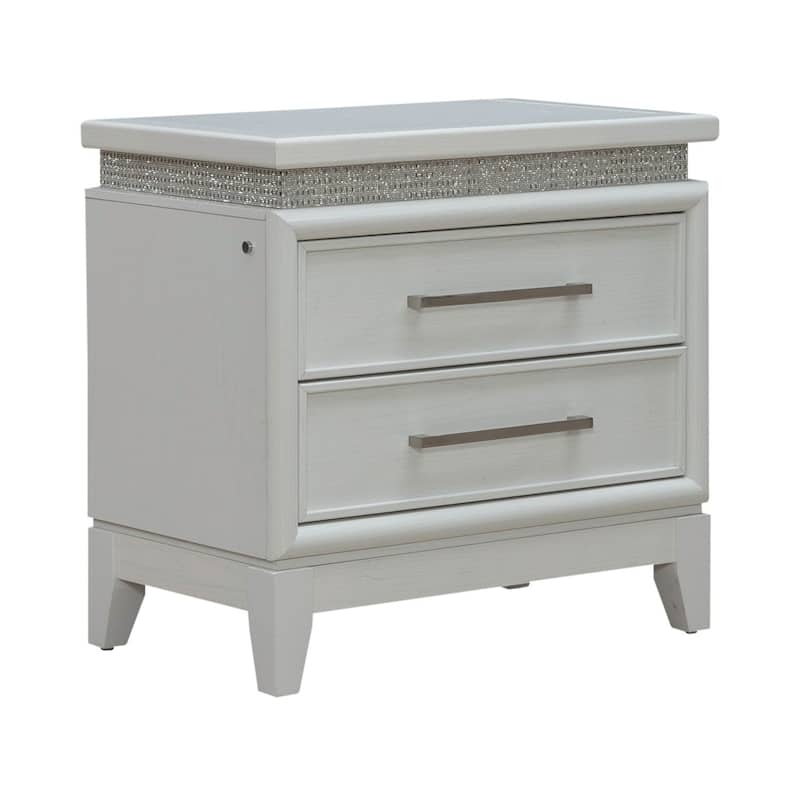 Reflections Pearl White Rhinestone Bedroom Nightstand with Charging Station, Touch LED Lighting