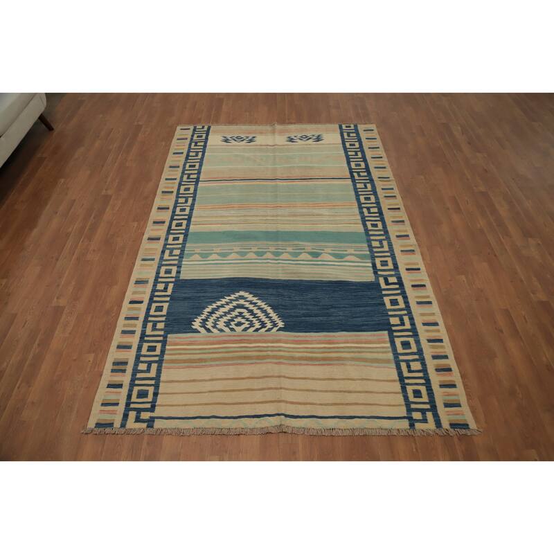Hand Woven Oriental 100% Wool Carpet Southwestern Tribal Multi-Colored Kilim Area Rug - 8' 7'' X 5' 7''