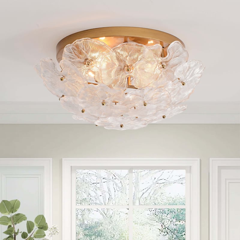 Emilia 4-Light Brushed Brass Flower Crystal Glass Flush Mount - 18.5 inches in diameter x 9 inches H