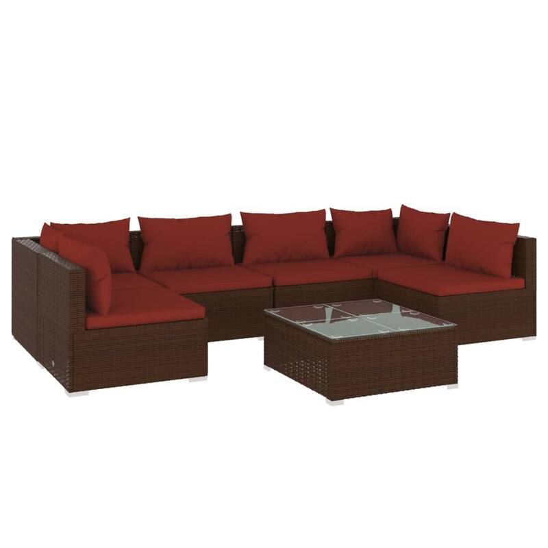 vidaXL 7 Piece Patio Lounge Set with Cushions Poly Rattan Brown - 27.6" x 27.6" x 24" - 27.6" x 27.6" x 24"