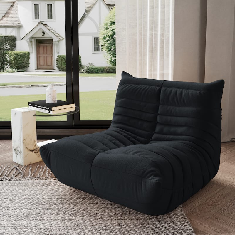 Single Lazy Sofa Teddy Fabric Soft Sponge Lounger Bean Bag Chair - Black