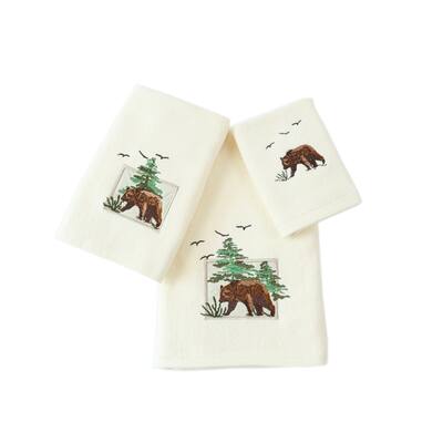 Marina Decoration Decor Soft 100% Cotton Bathroom Modern 3 Piece Embroidered Towel Set, Bear with Ivory Base