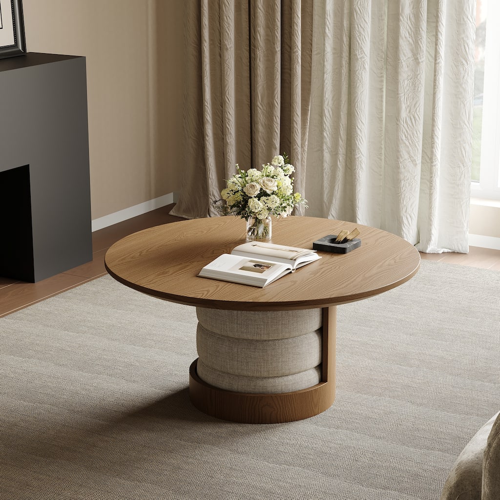 35.43" Round Coffee Table,Solid Wood Veneer with 3 Cotton Linen Cushion