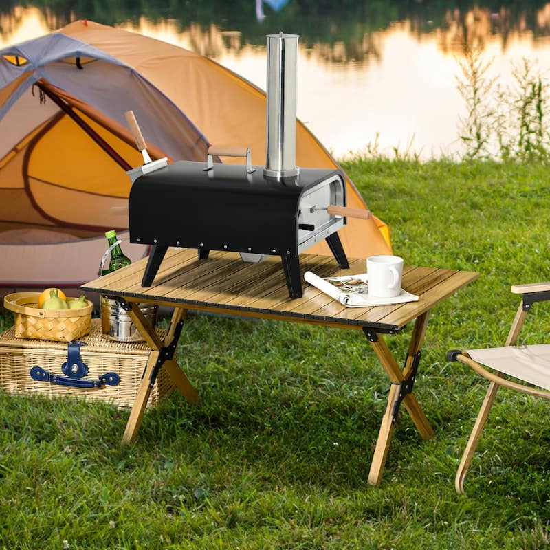 Outsunny Outdoor Pizza Oven with 12" Rotating Stone, Peel and Cover, Portable Pellet Wood Fired Pizza Maker with Foldable Legs - Stainless Steel - Black