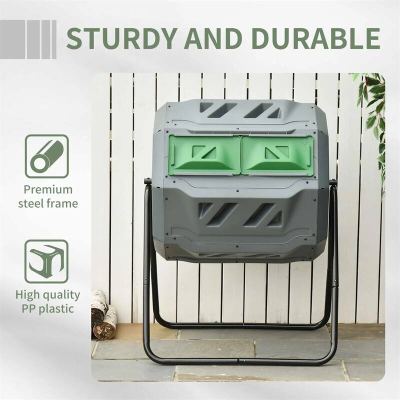 42.3 Gallon Dual-Chamber Rotating Compost Bin Outdoor Garden Tumbler with Ventilation Durable Steel and PP Light Gray