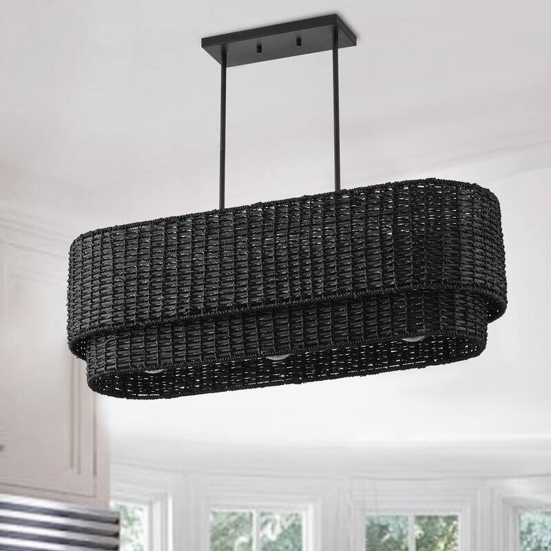 Farmhouse 3-Light Handwoven Rattan Large Shades Pendant Light for Kitchen Island