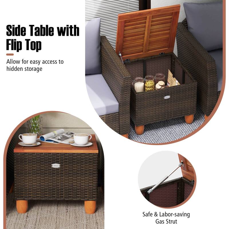 Gymax Set of 3 Rattan Bistro Furniture Set Wooden Table Top Cushioned