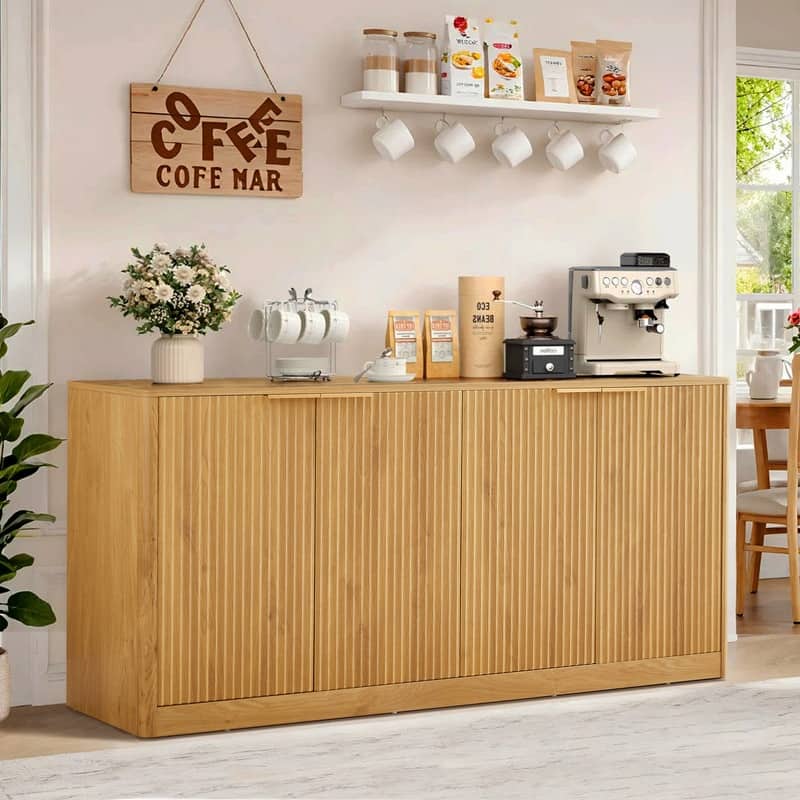 Modern 59" Fluted Buffet Sideboard Cabinet with Shelves, TV Stand Storage Cabinet with 4 Wave Doors for Organized Living Spaces