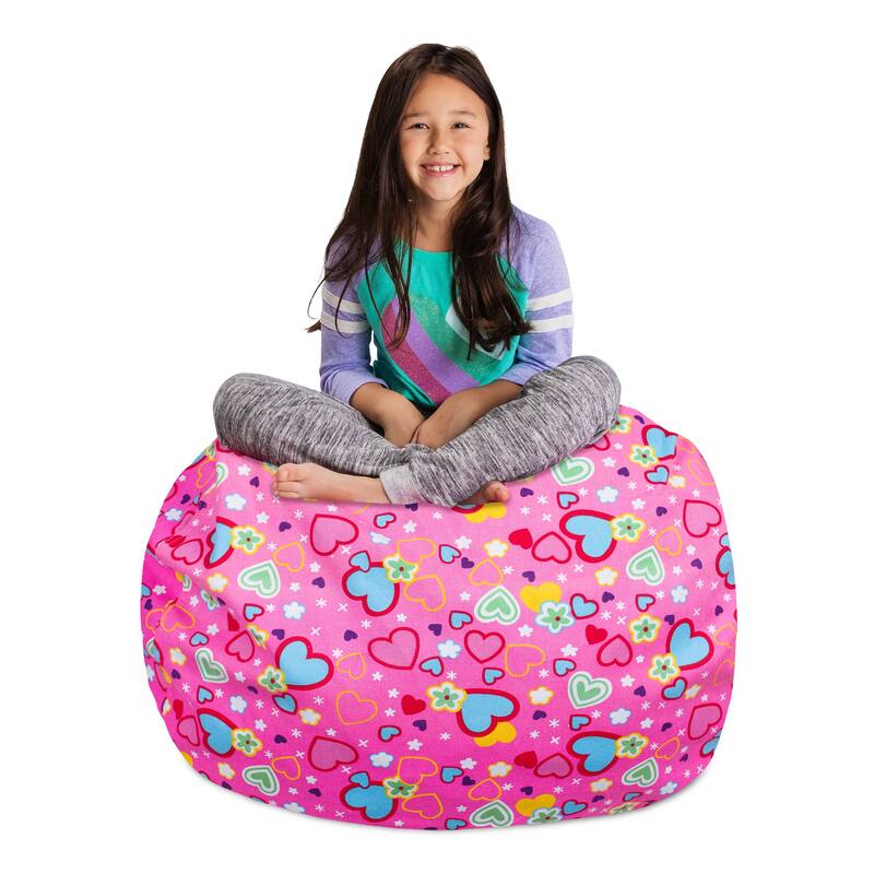 Kids' Stuffed Animal Storage Bean Bag Chair Cover or Toy Organizer - 38 Inches Large - Canvas Multi-colored Hearts on Pink