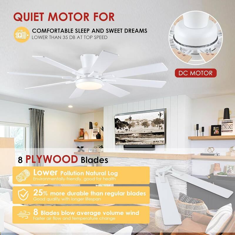 52 Inches Modern Ceiling Fan with Light and Remote 8 Plywood Blades for Bedroom Living Room - 52 Inches