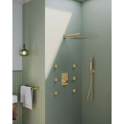 GRANDJOY Thermostatic Shower Faucet System Rainfall 12" Wall Mount Shower Faucet 6 Body Jets Handheld Spray High Pressure