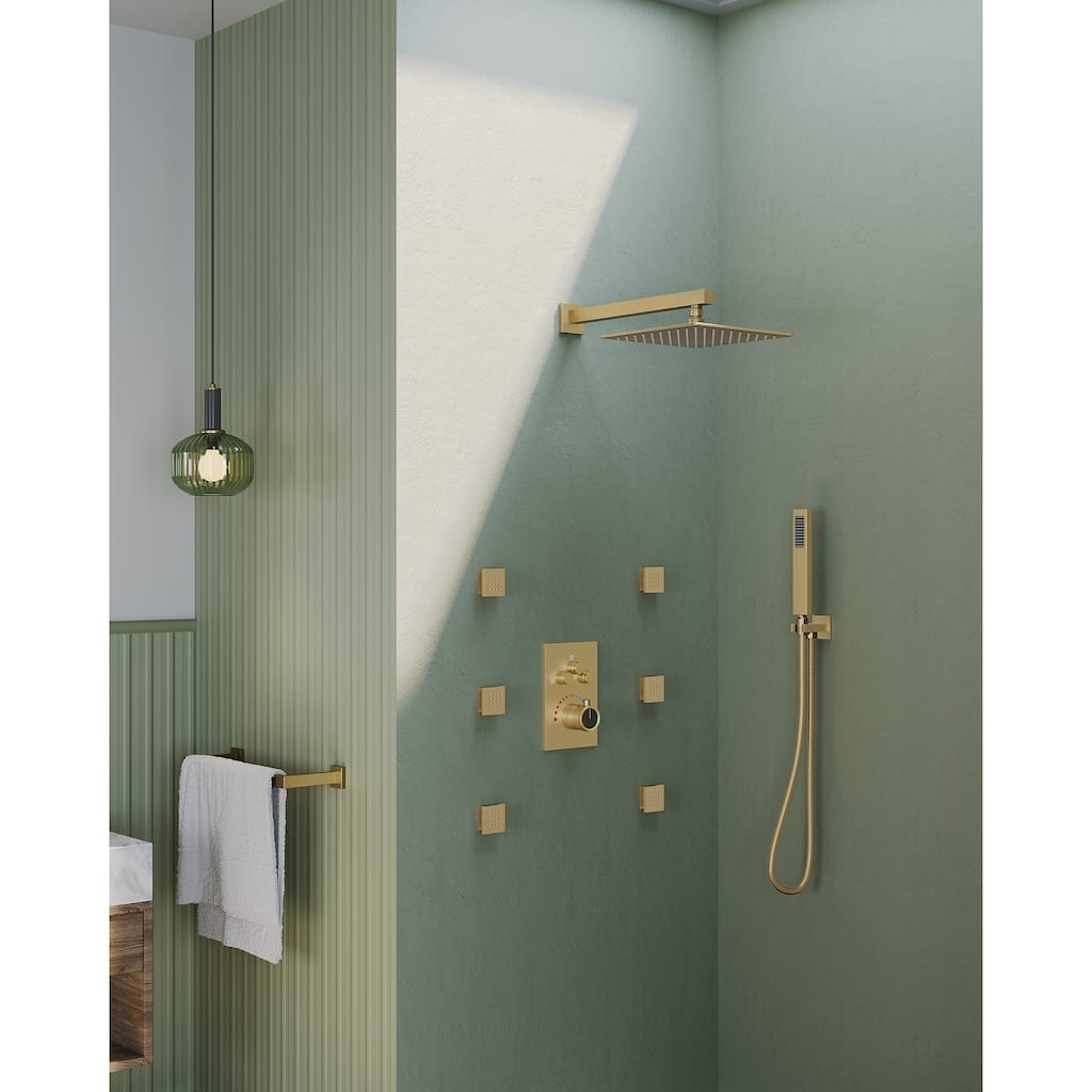 GRANDJOY Thermostatic Shower Faucet System Rainfall 12" Wall Mount Shower Faucet 6 Body Jets Handheld Spray High Pressure