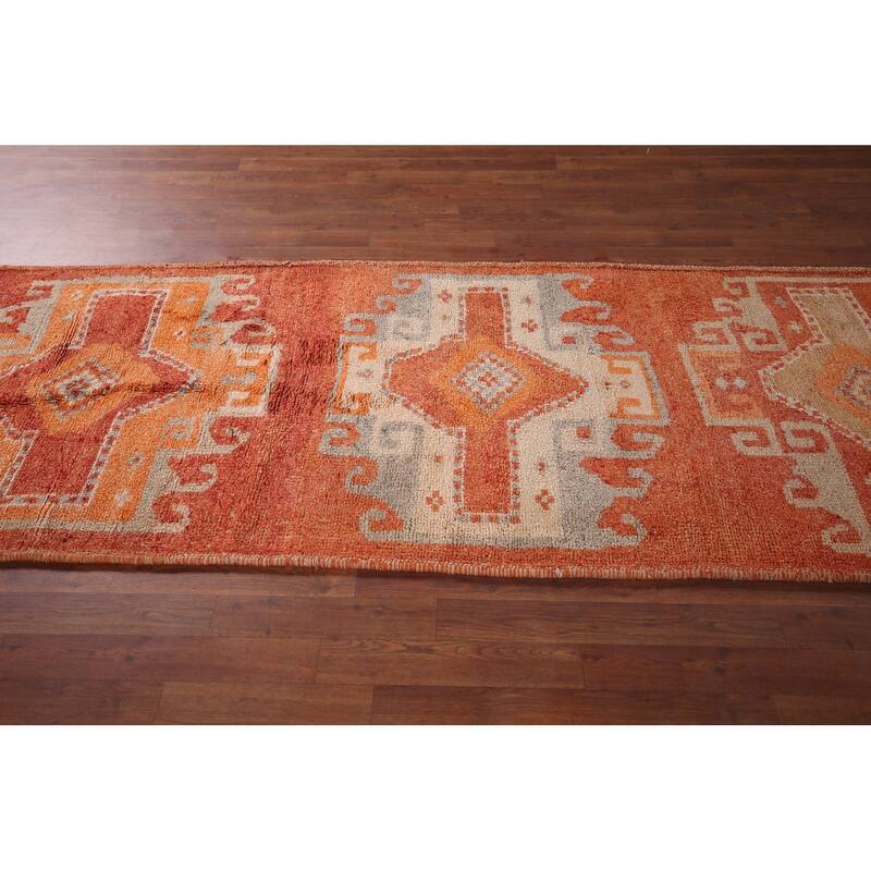 Handmade Orange Geometric Oushak Turkish Vintage Runner Rug - 3'3"x 9'4"