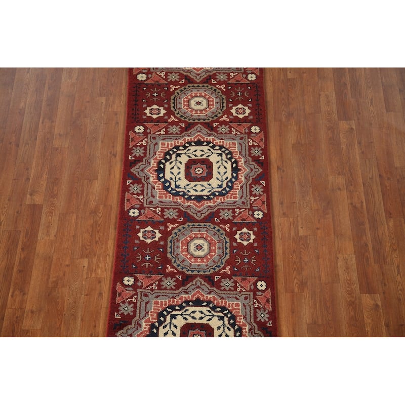 Red Geometric Kazak Indian Runner Rug Hand-Knotted Wool Carpet - 2'6"x 8'1"
