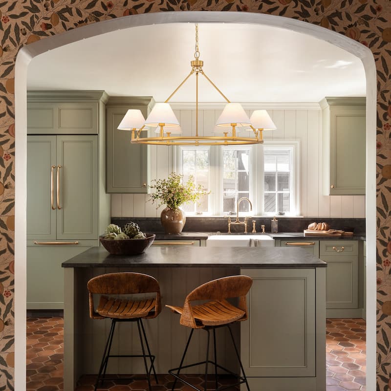 6-Light Modern Farmhouse Fabric Gold Wagon Wheel Chandelier for Dining Room - 39.3 in. W x 25.2 in. H