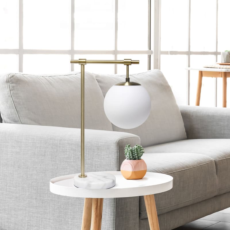 Antique Brass Arm Desk Lamp with Globe Shade - 21" - Gold and White