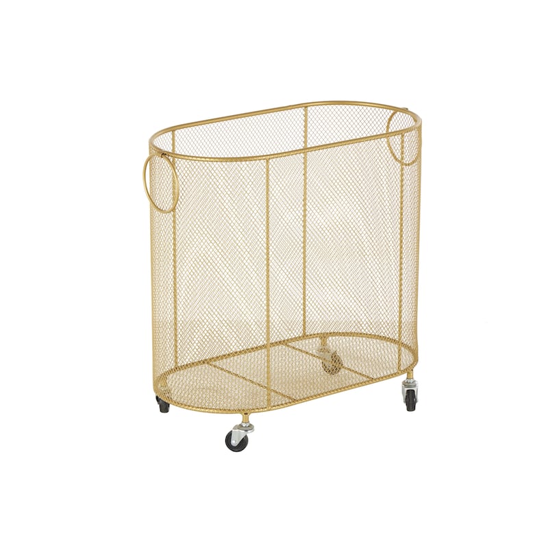 Metal Oval Mesh Wire Rolling Laundry Storage Cart with Ring Handles - Black or Gold - Roche River Decor
