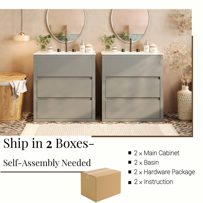 30"/60" Bathroom Vanity Set, Freestanding Bathroom Vanity Cabinet with Ceramic Sink Basin & Drawers