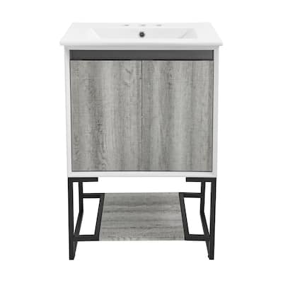 Marseille 24 In. Gray Oak Bathroom Vanity With White, 3-Hole Ceramic Sink Top