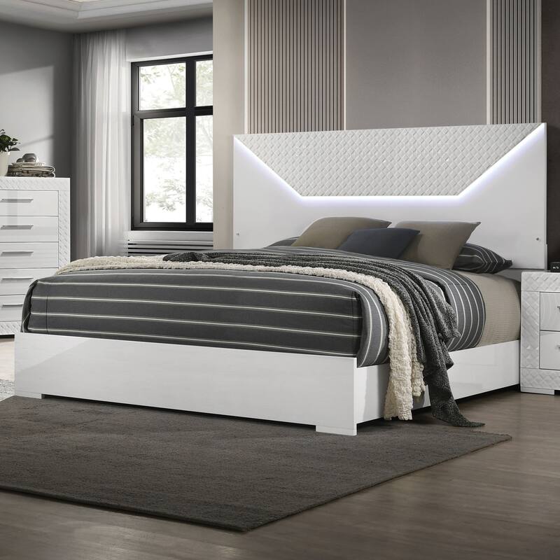 Furniture of America Zollan Glam Glossy White Panel Bed with LED on Headboard