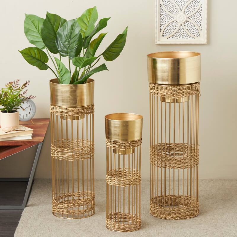 Silver or Gold Metal Caged Wire Planter with Woven Seagrass Accents (Set of 3)
