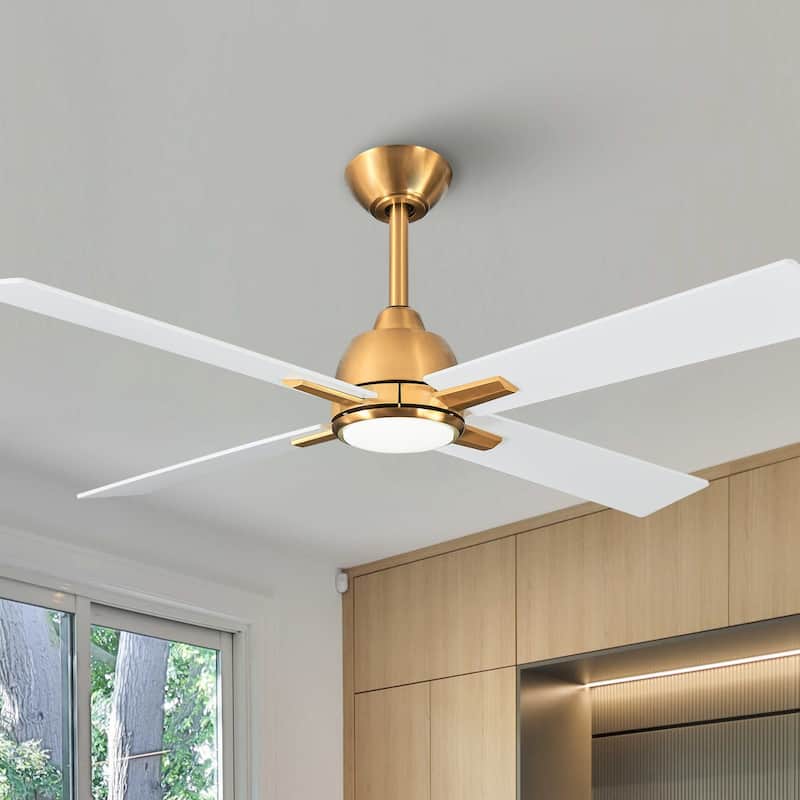48-inch Gold Plywood Modern Dimmable Ceiling Fan with Light and Remote - Gold finish with White Blades