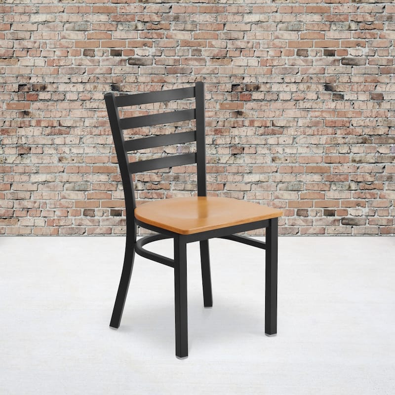 2 Pack Ladder Back Metal Restaurant Chair - 16.5"W x 17"D x 32.25"H - 16.5"W x 17"D x 32.25"H - natural wood seat/black metal frame
