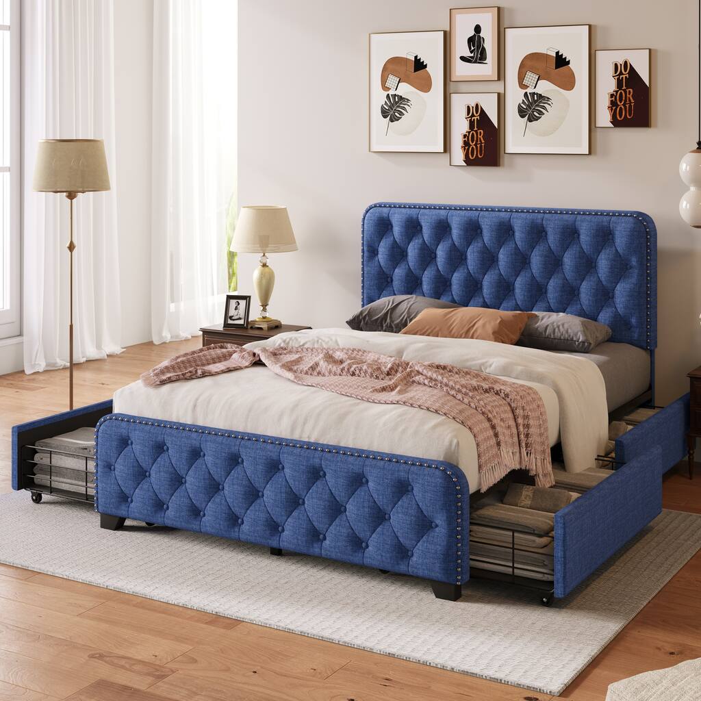 Upholstered Platform Bed Frame with Four Drawers, Button Tufted Headboard and Footboard, Full