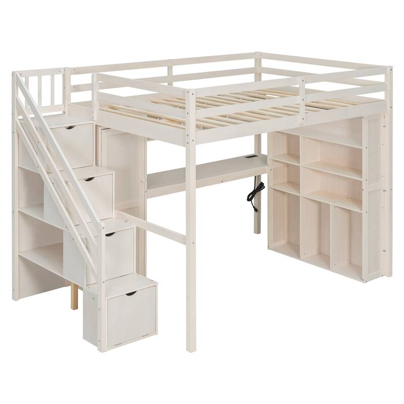 Full Loft Bed with Built-In Wardrobe & Study Desk - Space-Saving Frame with LED Lights & Shelves