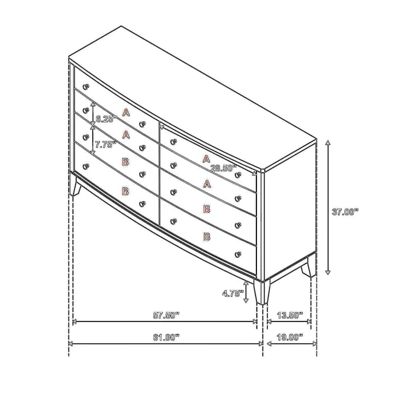 Heon Wide Dresser, 8 Drawers w Round Nickel Knobs, Natural Brown Pine