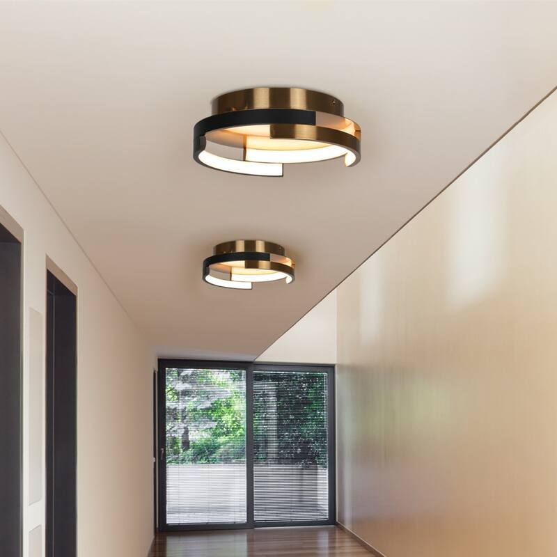 Modern 1-Light LED Metal Black Gold Drum Flush Mount Ceiling Lights - 12" D x 3.5" H