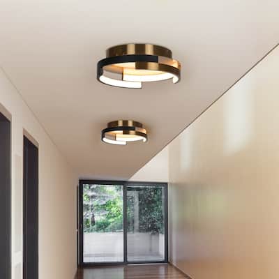 Modern 1-Light LED Metal Black Gold Drum Flush Mount Ceiling Lights - 12" D x 3.5" H
