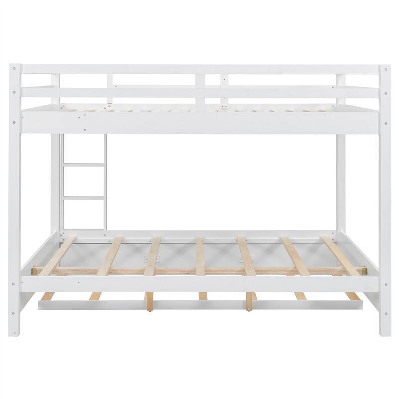Queen Over Queen Size Bunk Bed with Trundle, Ladder and Guardrail, Wooden Bunk Bedframe with Wood Slats Support for Kids