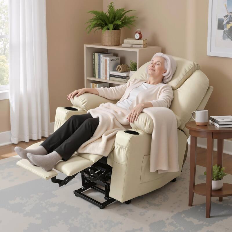 MCombo Small Power Lift Recliner Chair with Massage and Heat for Elderly, 3 Positions and USB Ports Faux leather 7141 - Cream White