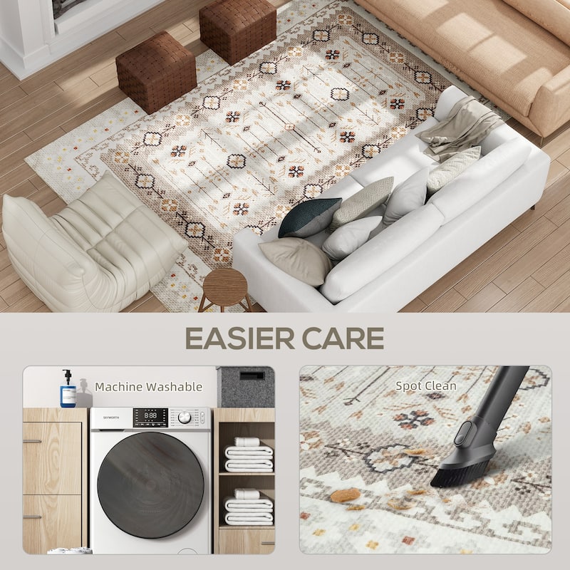 HOMCOM Area Rug 8x10, Machine Washable Rug, Non-Slip Boho Floral Print Floor Cover Foldable Carpet for Living Room