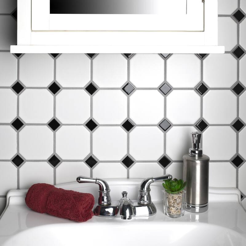 Merola Tile Metro Octagon Matte White w/Black Dot 11.5" x 11.5" Porcelain Mosaic