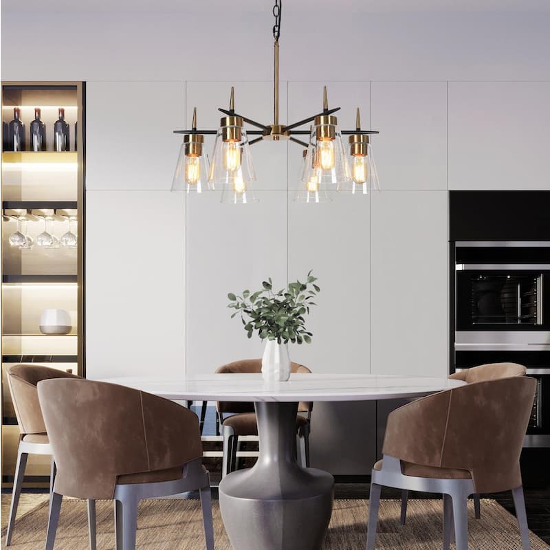 Aditi Mid-century Modern 6-Light Wheel Round Black Gold Bedroom Chandelier for Dining Room with Seeded Glass - D 23.6"* H 18.1"