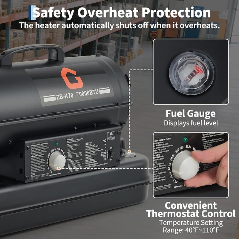 70000 BTUs Forced Air Kerosene Diesel Heater, with Thermostat