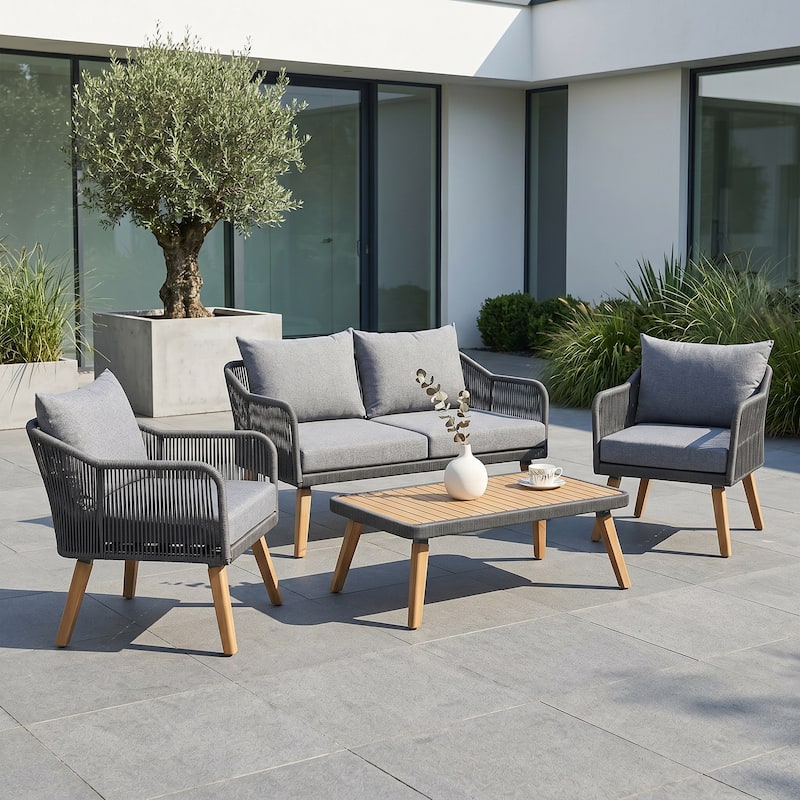 Outdoor 4 Pieces Rope Conversation Set with Cushions - Grey