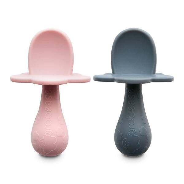 slide 2 of 6, Grabease Baby Silicone Spoon, Set of 2 for Baby-Led Weaning & Self-Feeding (Blush, Gray)
