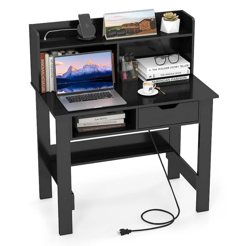 Gymax Computer Desk w/ Power Outlets & USB Ports & Type-C Hutch Open - Black