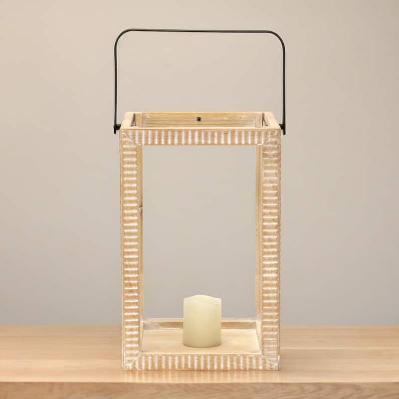 Ridged Rectangular Wooden Tabletop Lantern - 16"