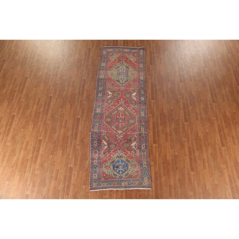 Geometric Tabriz Persian Vintage Runner Rug Handmade Wool Carpet - 3'7"x 11'3"